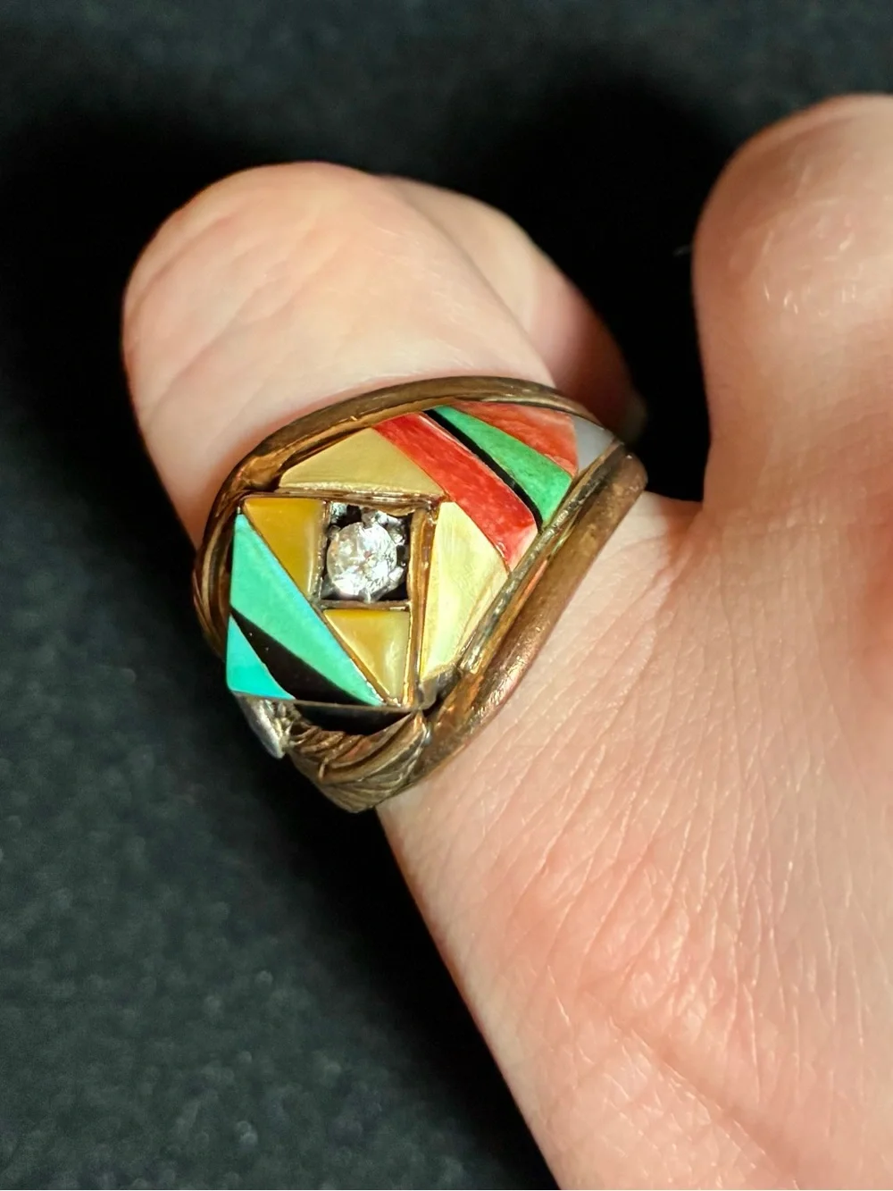 Vintage unsigned Navajo 1/20 12KT GF Sterling Silver Inlay Turquoise MOP Ring